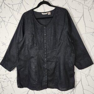 Edward Woman Black 100% Linen Pintuck Pleated Button Up Blouse